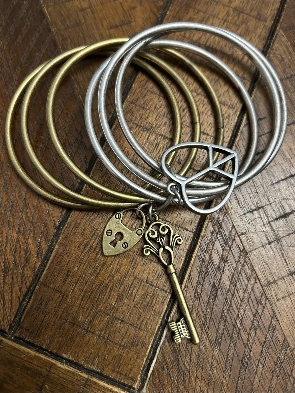 Two-Tone Silver and Antique Gold Charm Bangle Set - Women Jewelry Bracelets